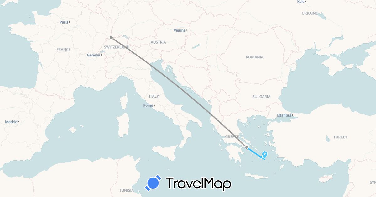 TravelMap itinerary: driving, plane, boat in Switzerland, Greece (Europe)
